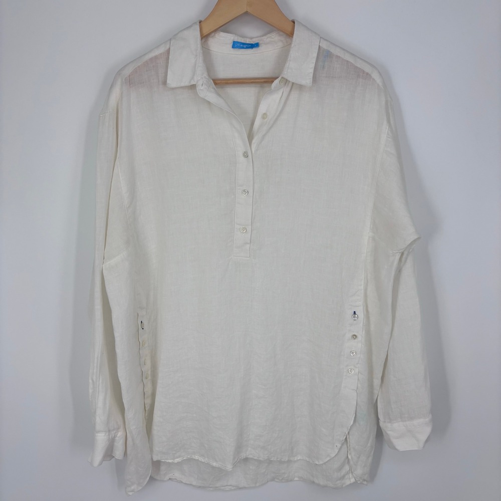 J.McLaughlin White 100% Linen Side Button Popover Tunic Shirt Women Large Beach